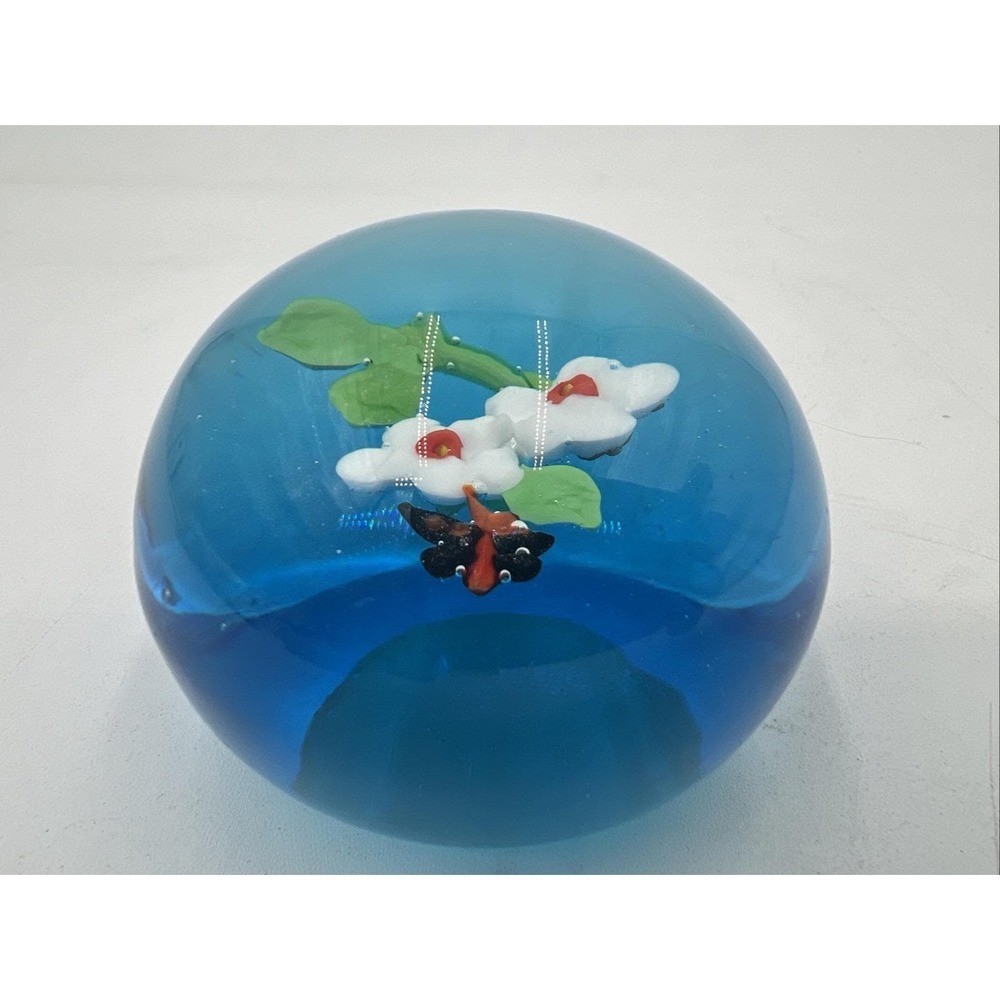 Vintage Hand Blown Paperweight Art Glass Blue Flowers and Butterfly 3.5"